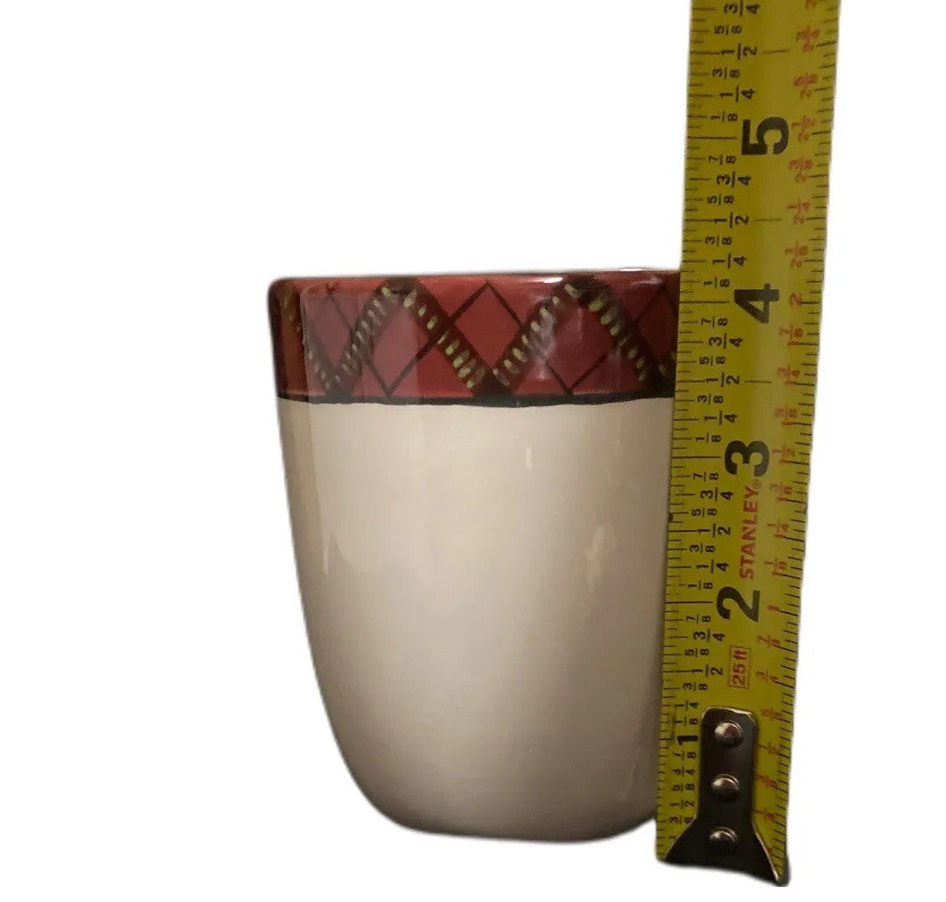 Sakura Holiday Greens 4-Mugs Red Green Plaid Border Coffee Tea  Stoneware Cup