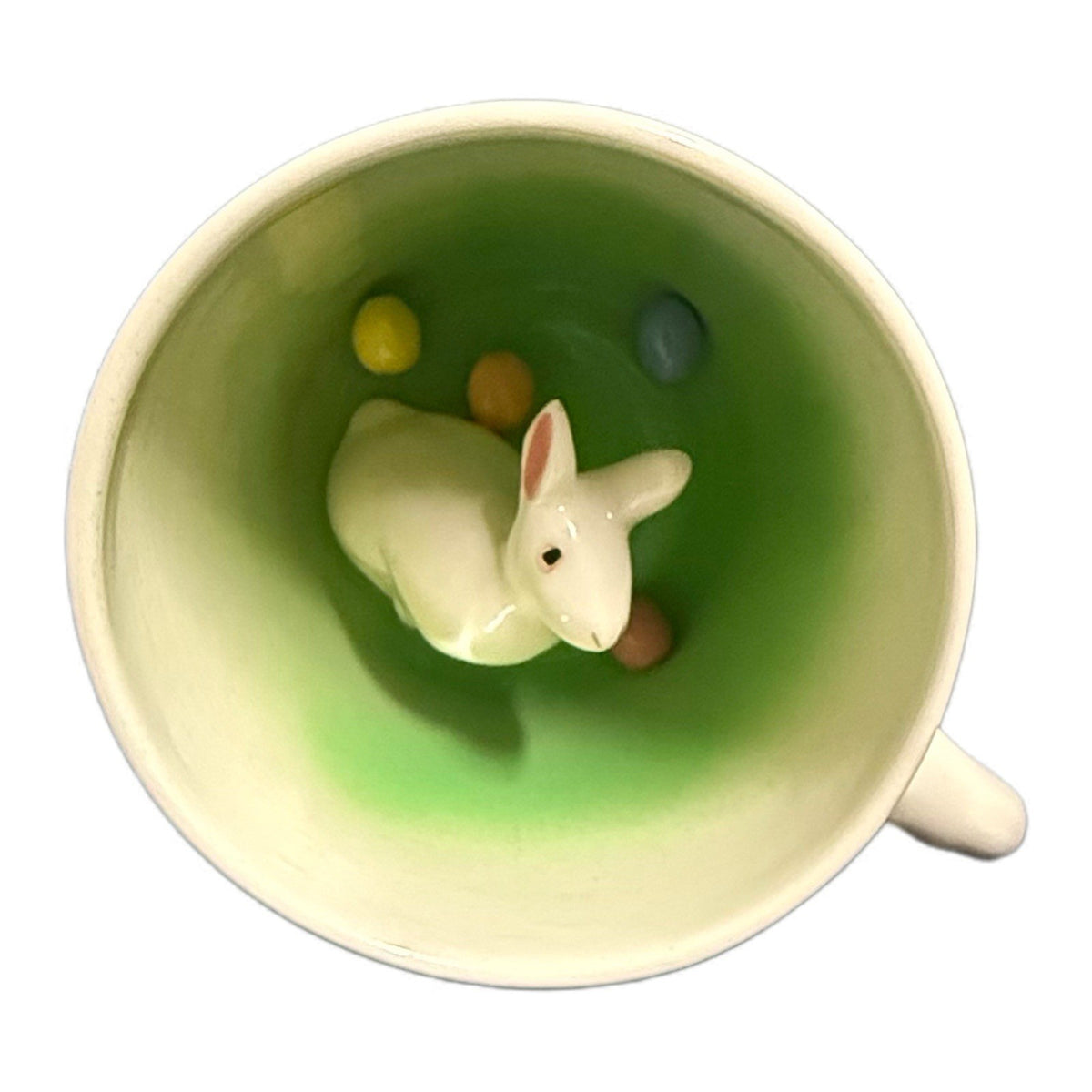 Handmade Studio Pottery Easter Bunny Mug Hidden Surprise Inside Green Ceramic