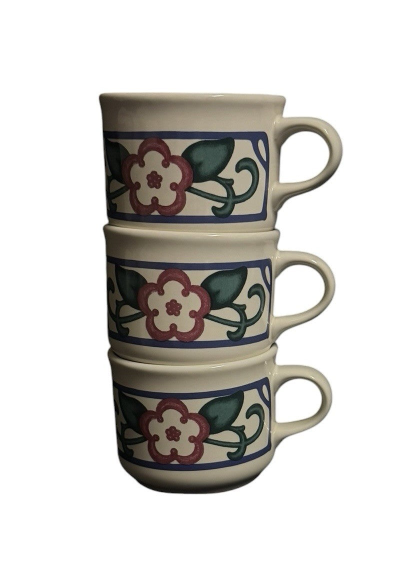 Pfaltzgraff Arbor Vine Set of 3 Coffee Tea Cups Mugs Stoneware Cream Floral