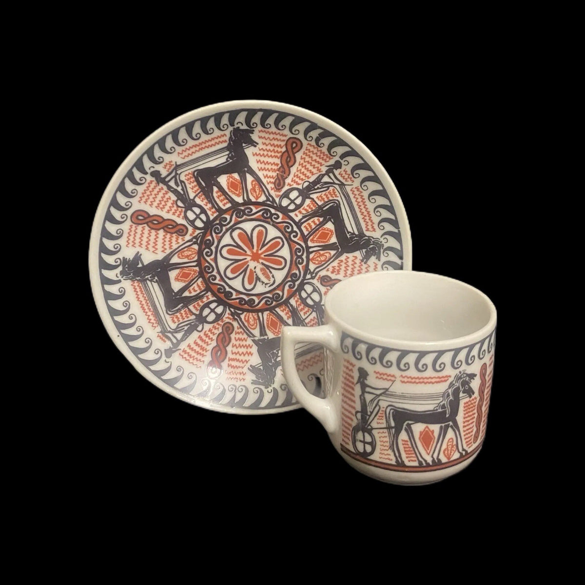 Vintage N. Leontaritis 2-Espresso Cups & 2-Saucers Horse Chariot Greece