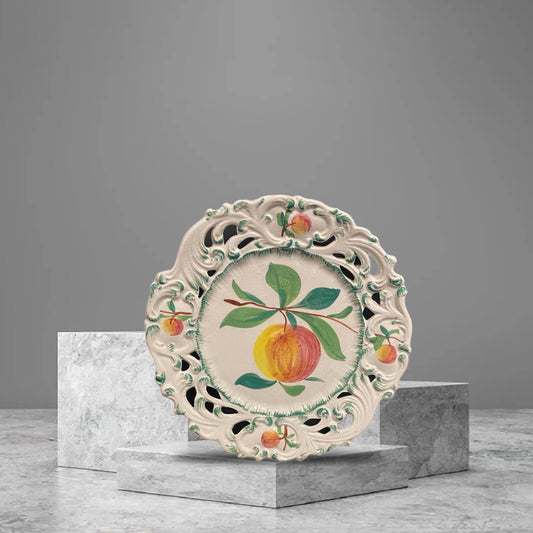 ITALIAN Pottery Accent Plate Hand Painted Peach Fruit Reticulated Signed # 9448