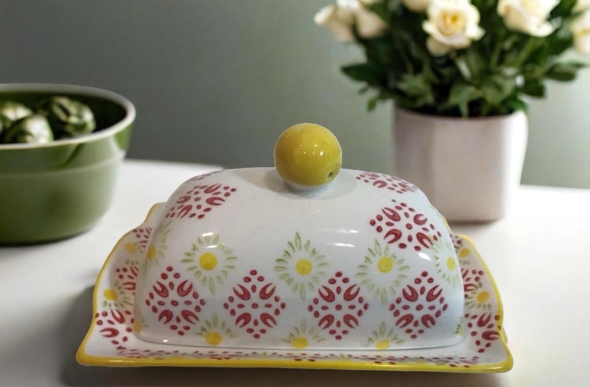 Signature Housewares Print 8 Butter Dish Red Yellow Green Floral Geometric