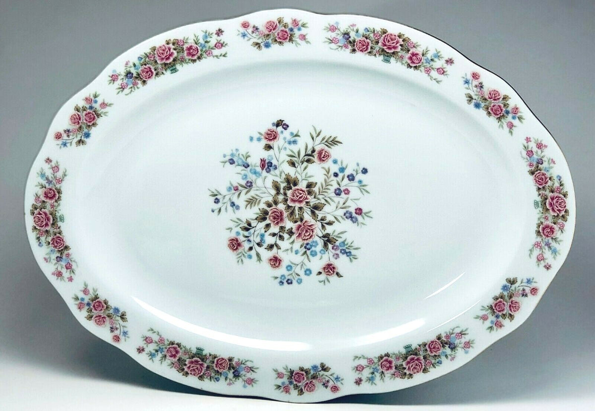 REMINGTON Fine China By Red Sea Pink Roses Blue Flowers Gold Trim Dinnerware