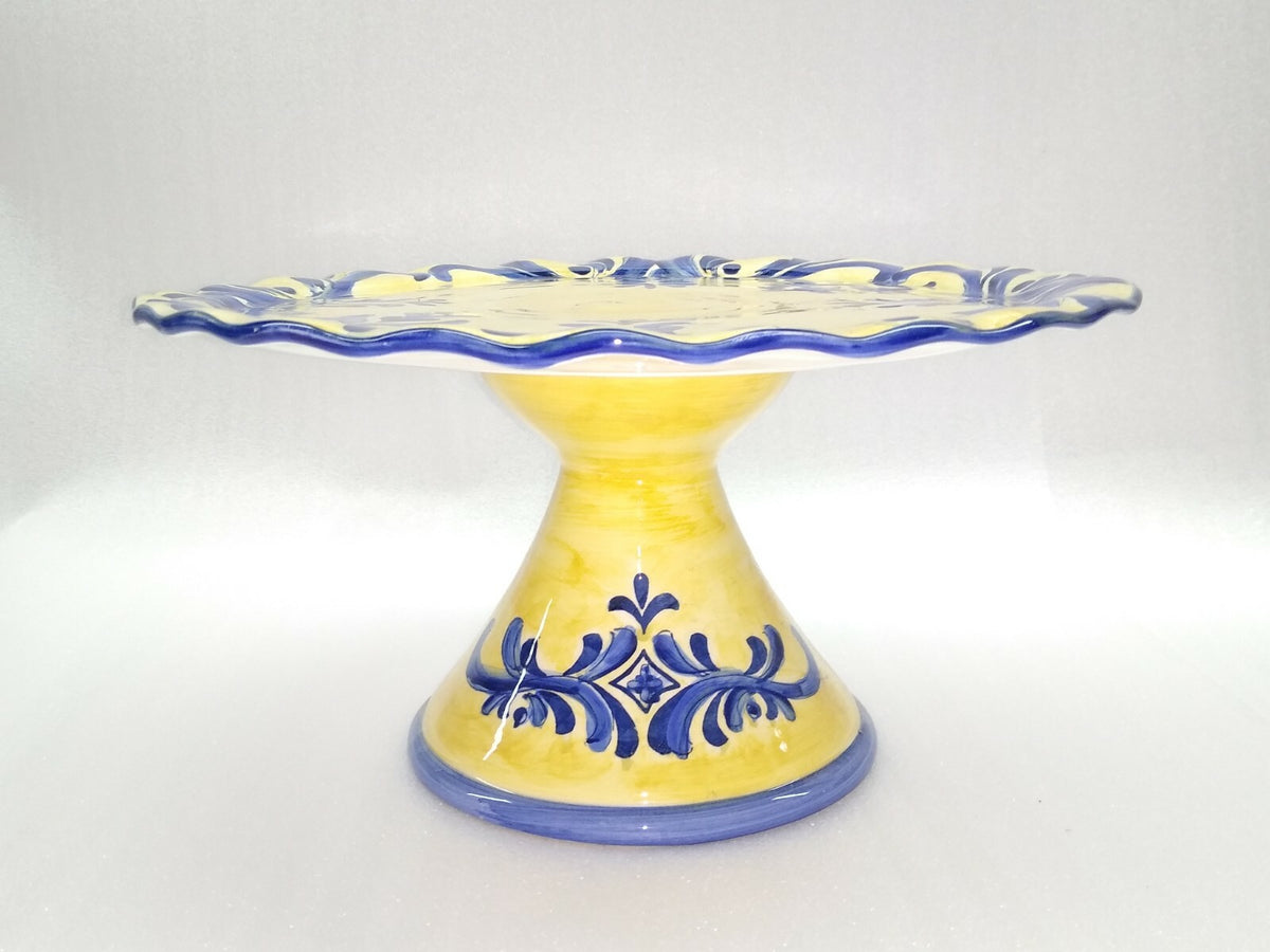 Classic Round Yellow Blue Ceramic Pedestal Cake Cupcakes Scalloped Serving Dish