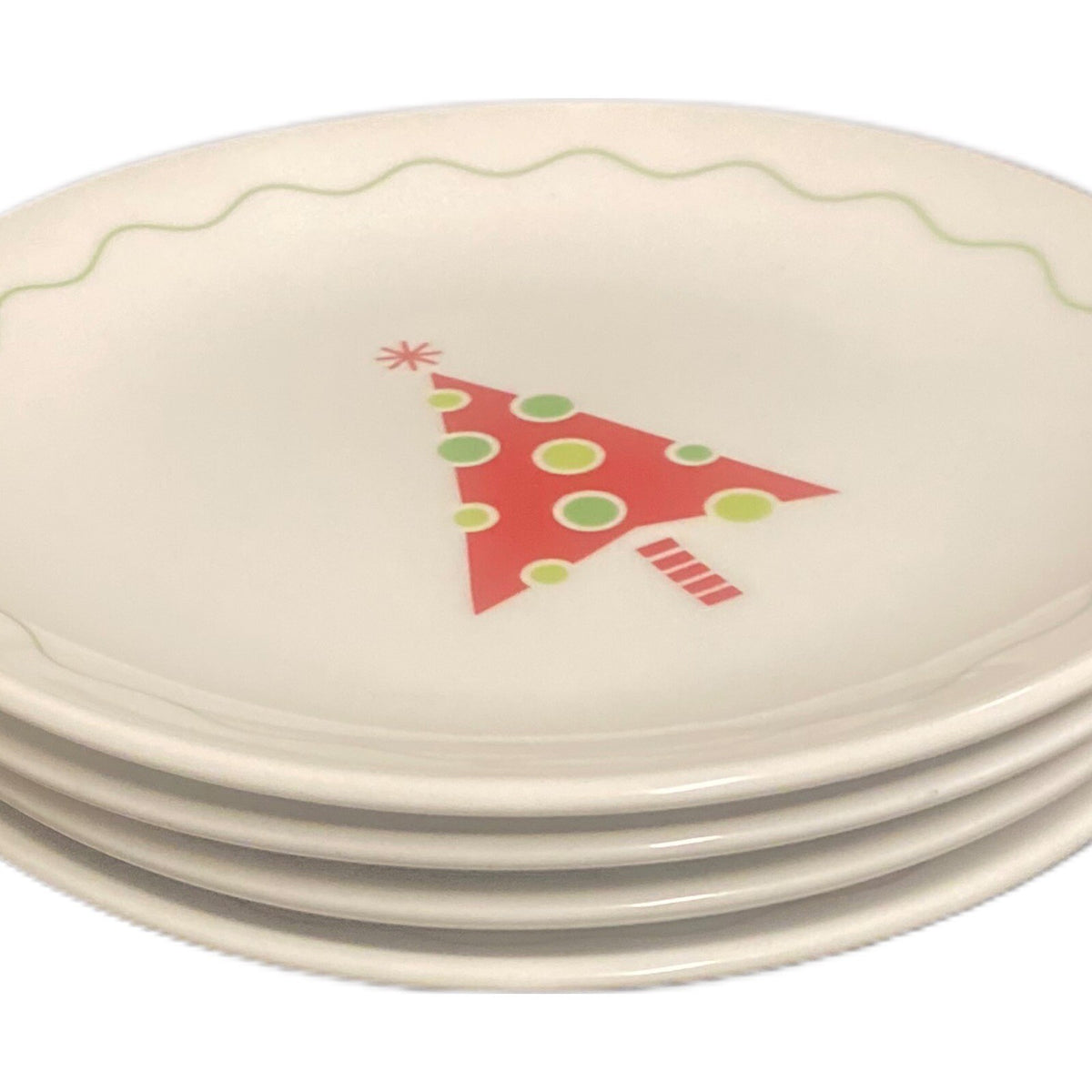 CRATE & BARREL 4 Dessert Plates Whimsical Trees Christmas Appetizer Bread Butter