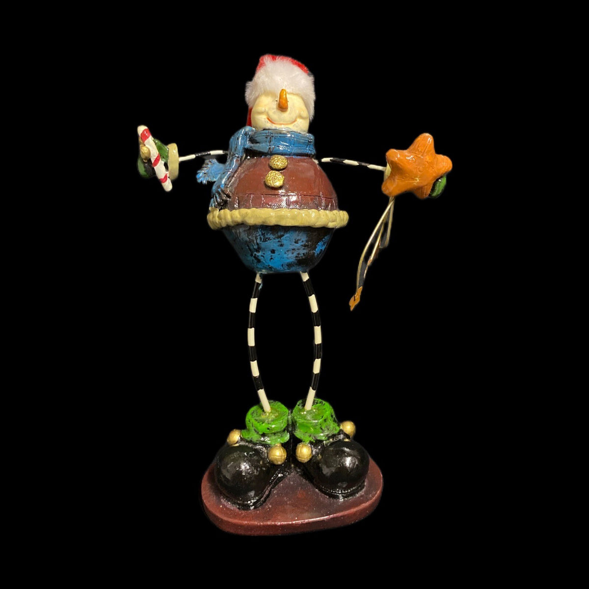 Christmas Snowman Stand Santa Hat With Bell Metal Wire Holding Stars Candy Cane