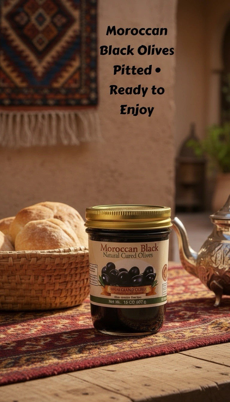 Moroccan Sun Cured Black Olives (No Pits) in Extra Virgin Olive Oil 8 Oz