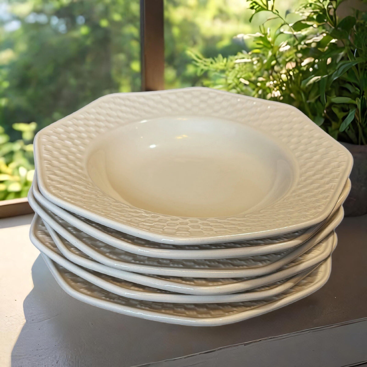 Nautica BERMUDA 6-Rim Soup Bowls Rattan Basket Weave Border Portugal Ceramic 9"D