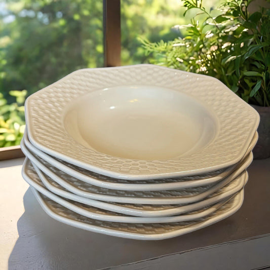 Nautica BERMUDA 6-Rim Soup Bowls Rattan Basket Weave Border Portugal Ceramic 9"D