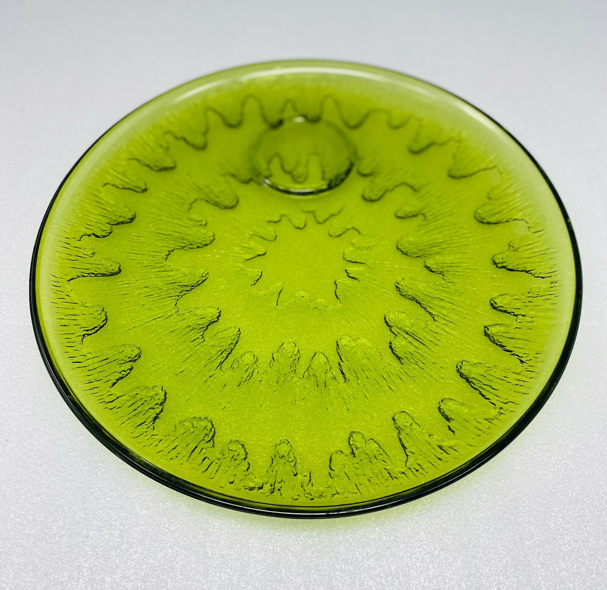 Vintage Indiana Glass Sunburst Mid Century Olive Green One Cup & Plate Set