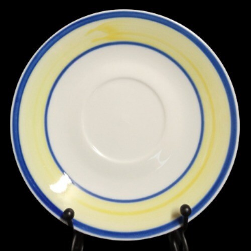 Gibson Designs TAVERNWARE YELLOW 4-Saucers 6 ¾” D Yellow Band Blue Rings Ceramic