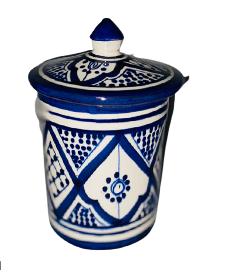 Handmade Moroccan Blue Ceramic Jar 24oz Kechla Fassi Sugar Coffee Canister Decor