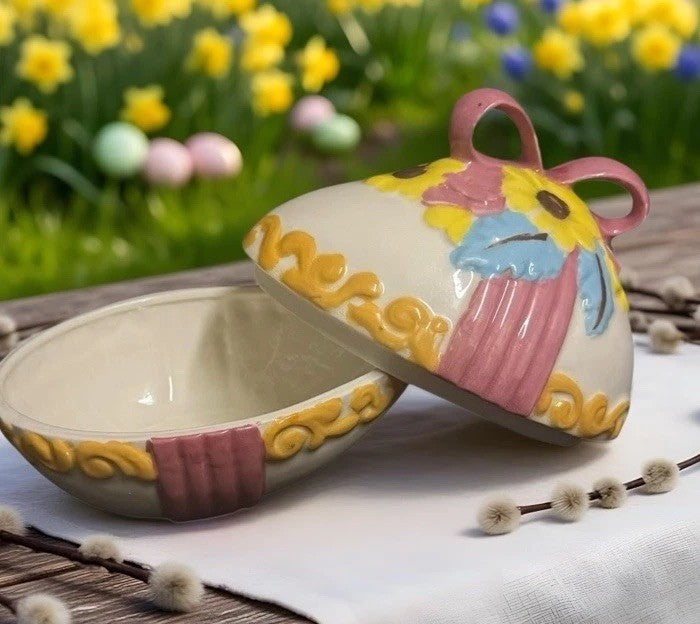 Vintage Ceramic Easter Egg Candy Dish Lidded Trinket Box Hand Painted Floral