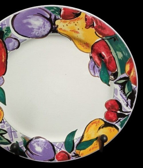 Gibson Designs CORNUCOPIA FRUIT 4-Dinner Plates 10 5/8” D Apple Pear Cherry Plum
