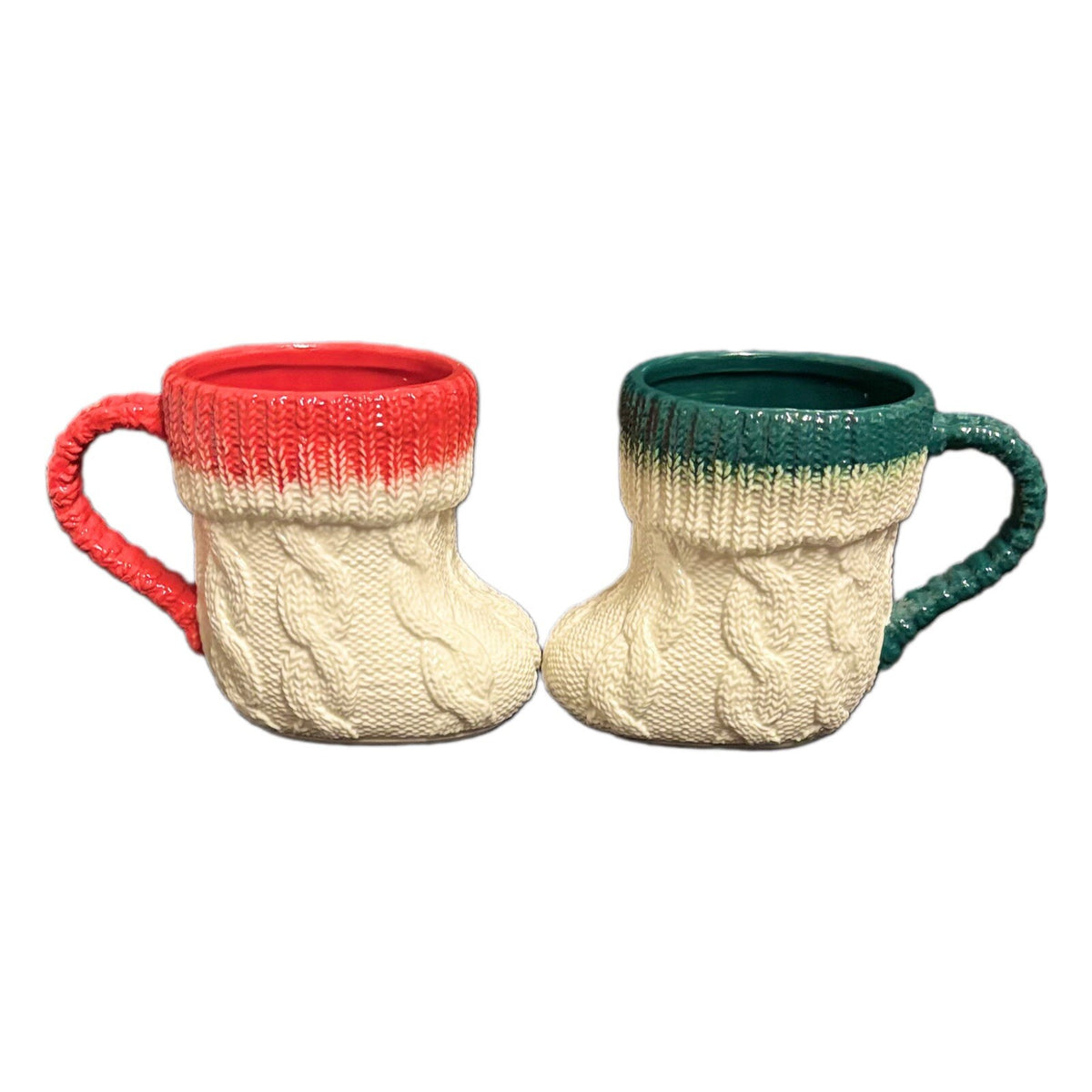 Anthropologie 2-Mugs CABLE KNIT Design Winter Holiday Boot Shape Coffee Tea Cups