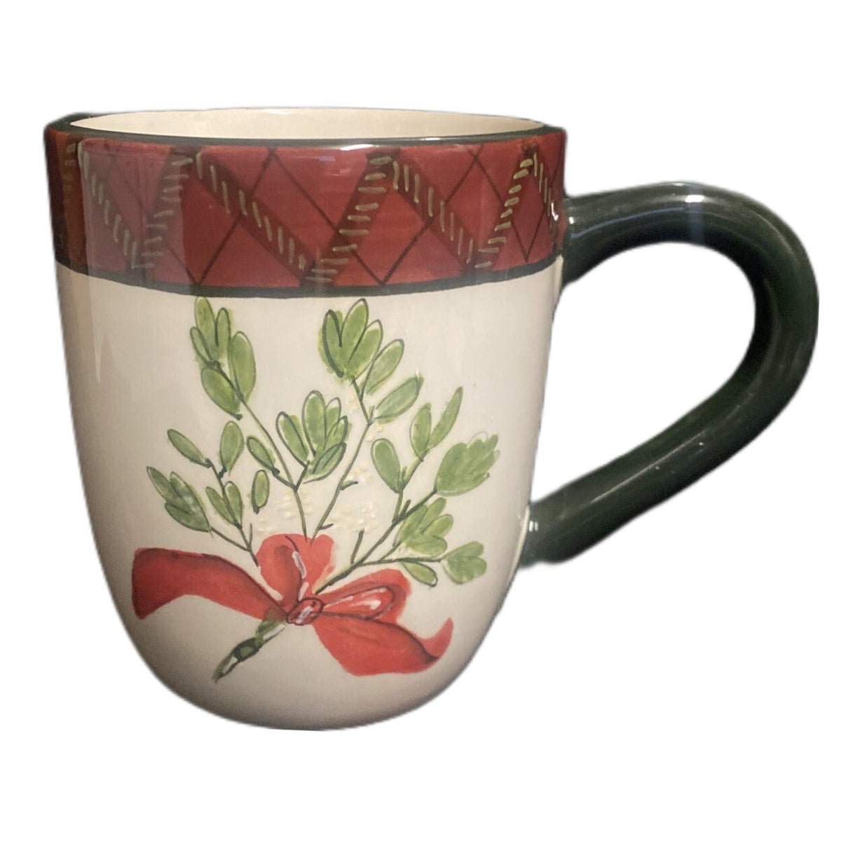 Sakura Holiday Greens 4-Mugs Red Green Plaid Border Coffee Tea  Stoneware Cup