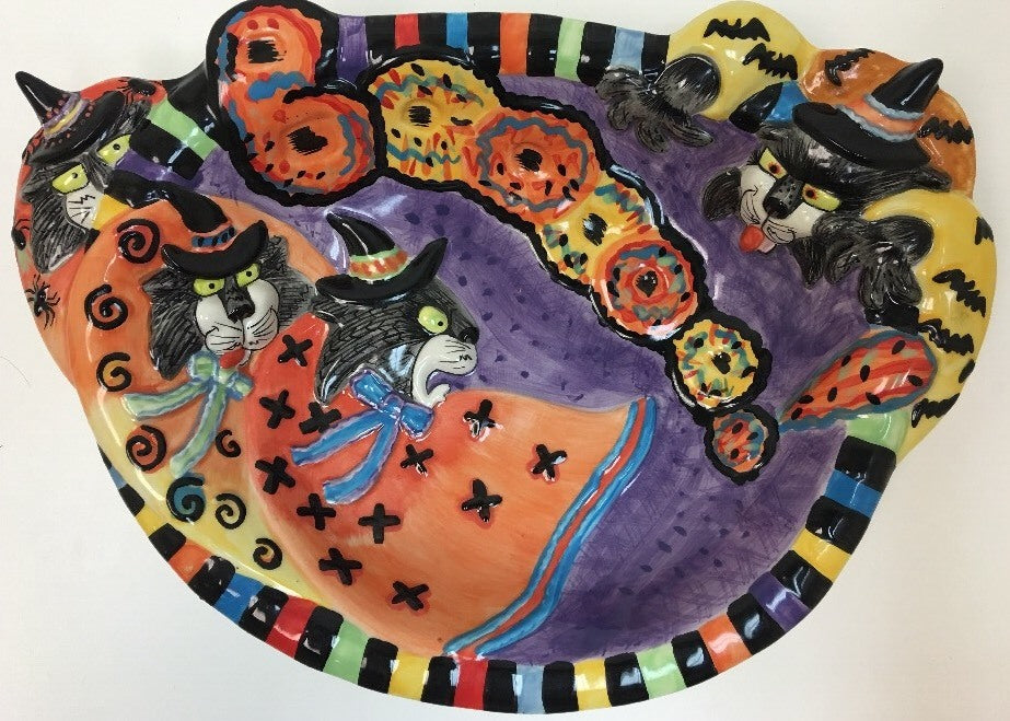 Fitz & Floyd KITTY WITCHES Halloween HandCrafted Ceramic Deep Platter Candy Bowl