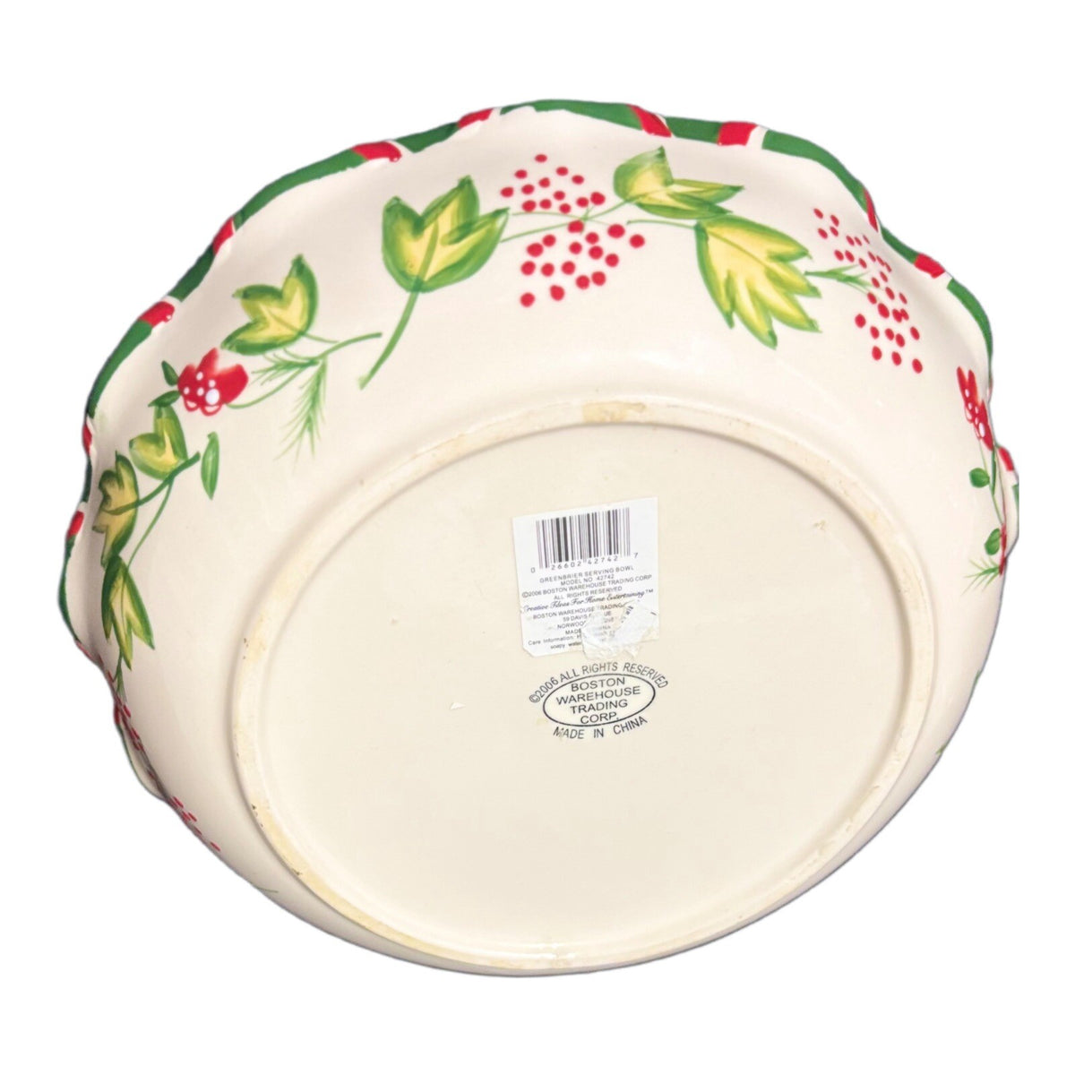 BOSTON WAREHOUSE Serving Bowl Scalloped Christmas Tree Floral Red Green Dish