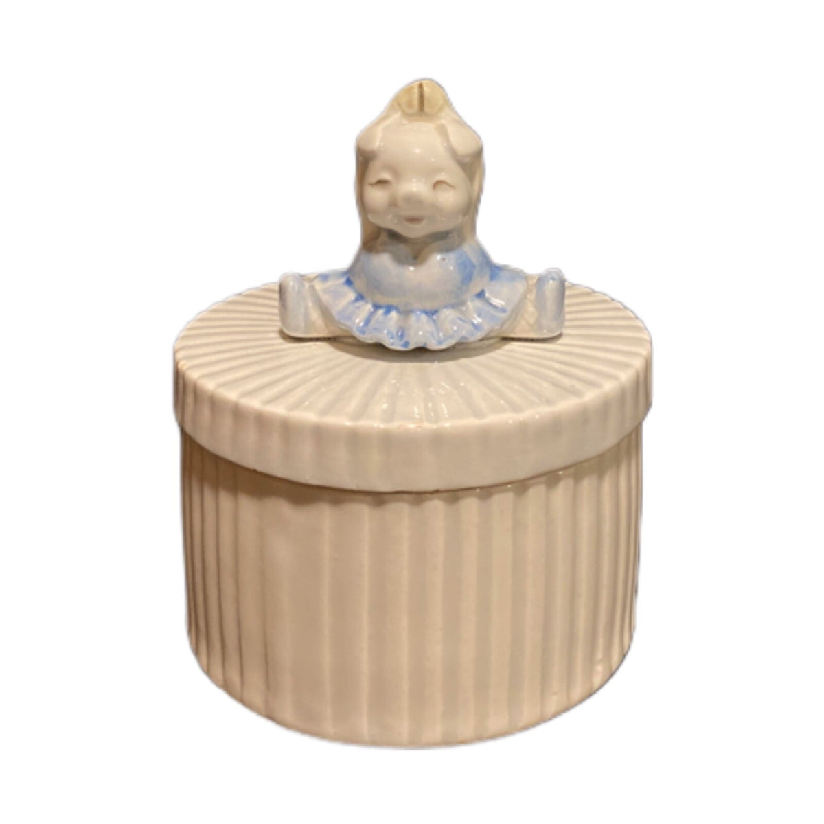 Vintage Fitz & Floyd Pig In Blue Tutu Round Ribbed Ballerina Trinket Jewelry Box
