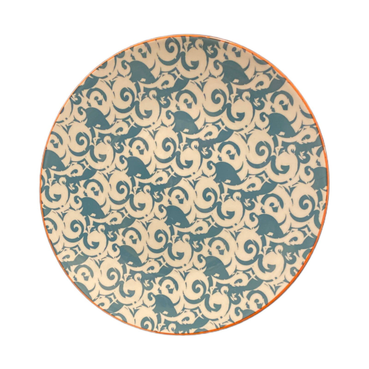 Better Homes & Gardens PIERS TEAL Ceramic Dinner Plates Scrolls Orange Trim