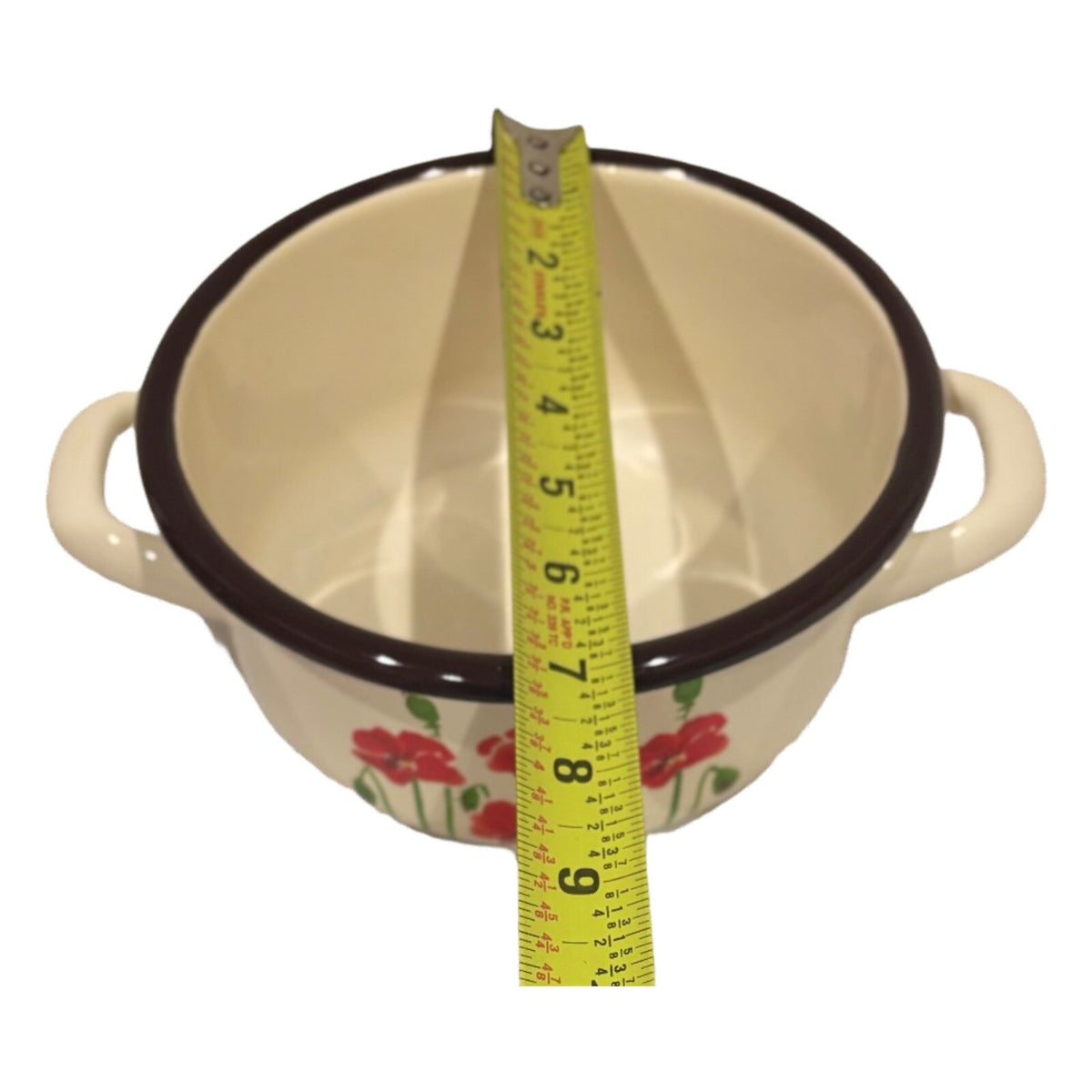 EMALIA OLKUSZ Cooking Pot 1907 Red Floral Cream Enamelware Handles Black Trim