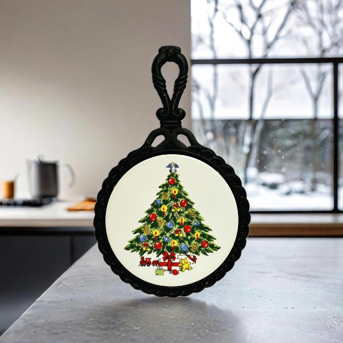 Vintage Wrought Iron 2-TRIVET Ceramic Tile Christmas Holiday Wall Hanging Cast