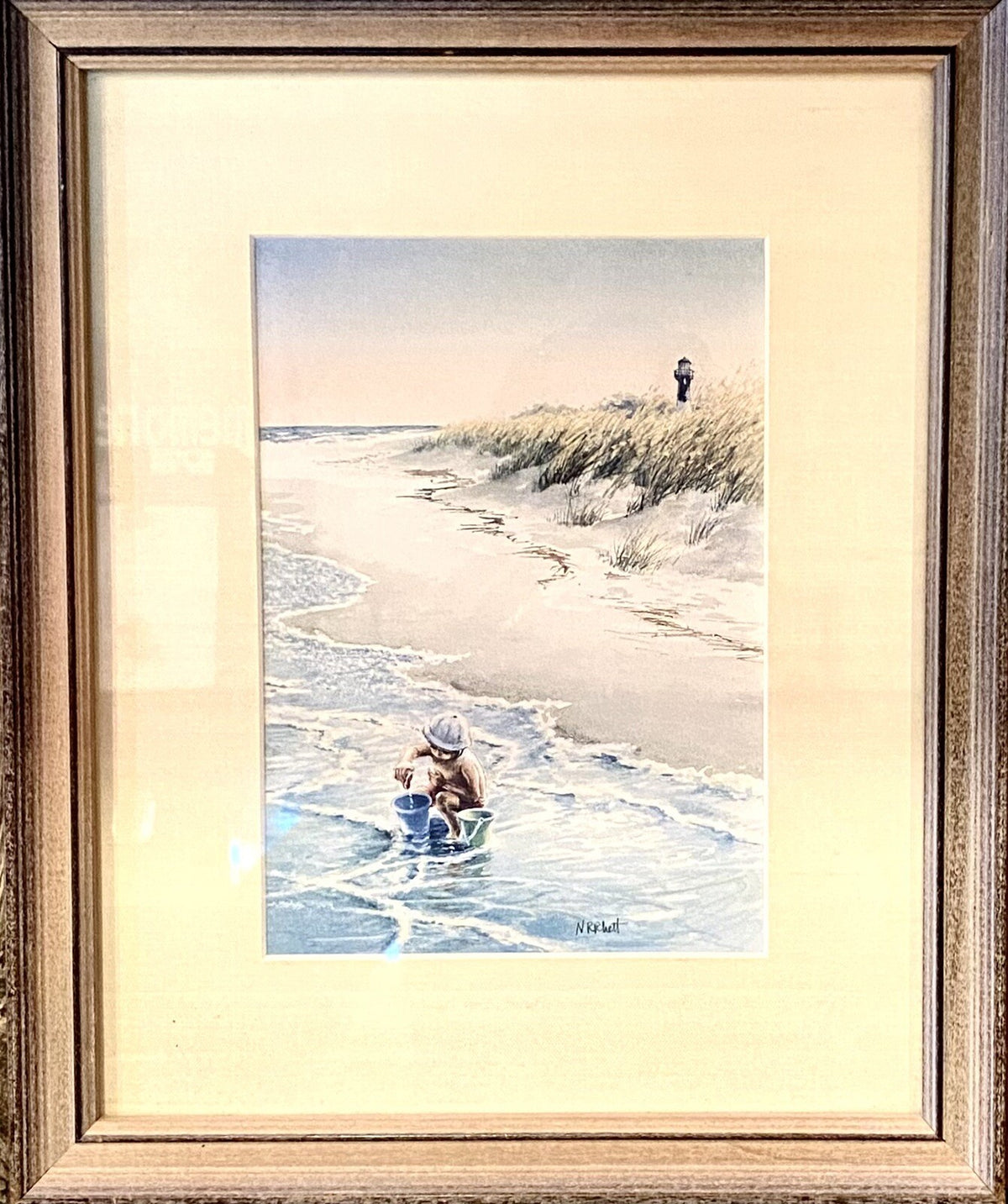 Nancy Ricker Rhett Signed Watercolor Print Child at Beach 11 x 9.5 Inches Framed