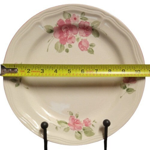 Gibson Designs ROSELAND 6-Dinner Plates 10 ½” D Pink Roses Pink Trim Tan Body