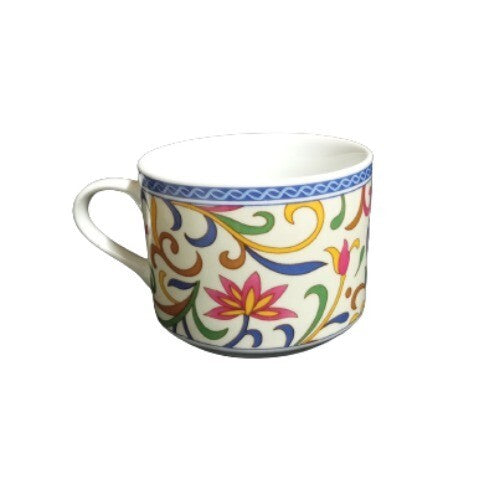 Gibson Designs LYON 6-Cups Coffee Tea Blue Band Multicolor Scrolls Flowers 8 Oz