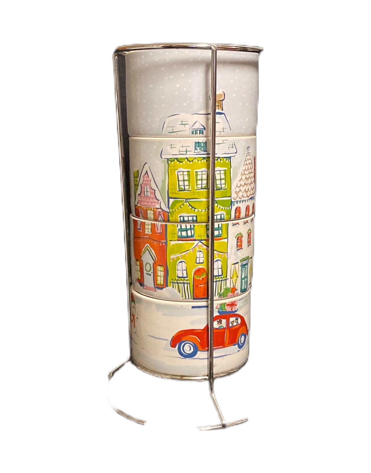Pier 1 Imports Stackable Mugs Set of 4 Christmas Winter Village Scene w/ Stand