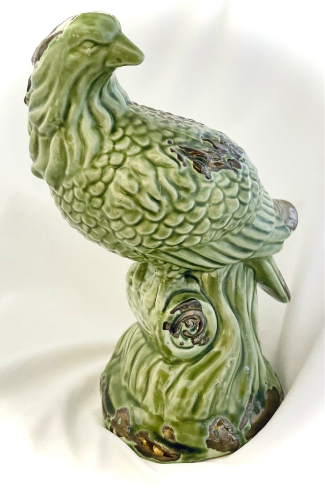Rustic Green Ceramic Country Bird Perched on Branch Statue Home Decor Accent 10"