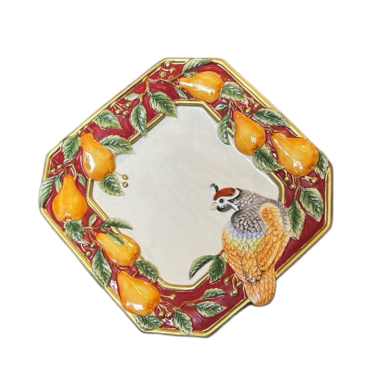 Fitz & Floyd Plate Partridge Bird Pears Canapé Wall Hanging Holiday Embossed Art