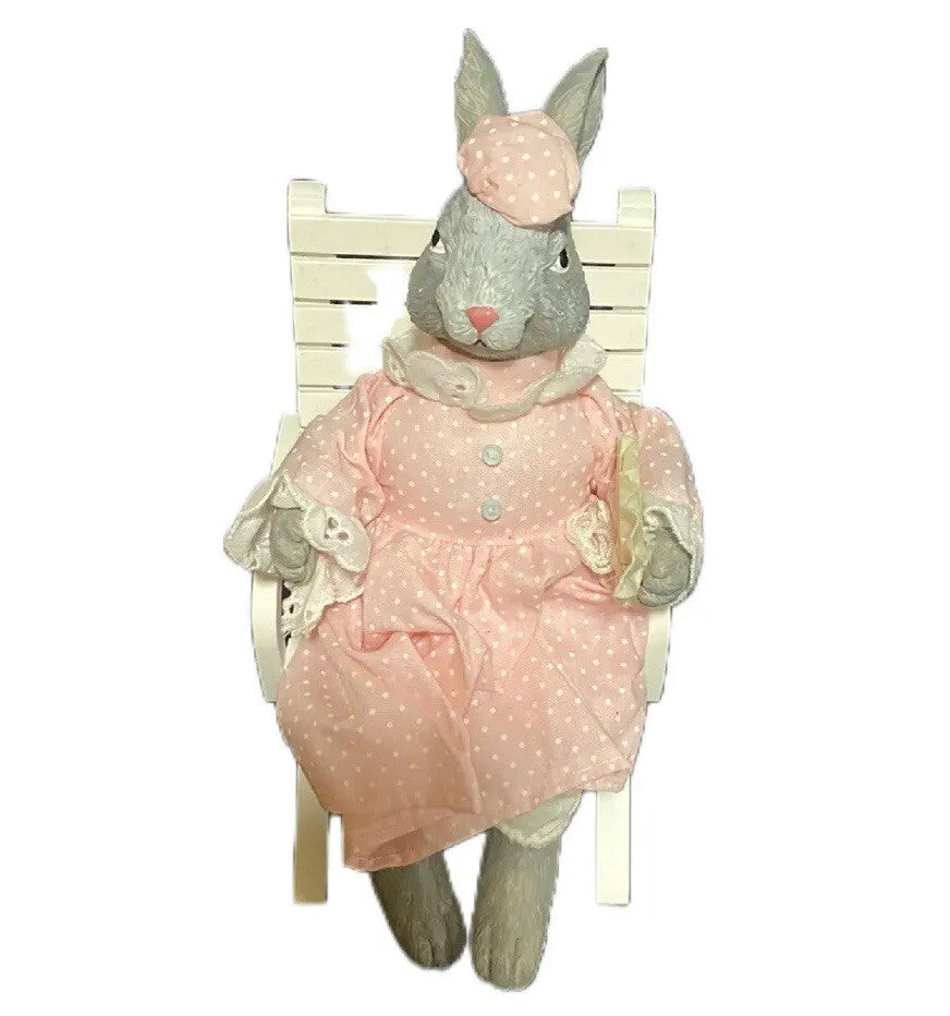Silvestri Bunny Figurine Seated On Wooden Chair Rabbit Pink Dress Fan On Hand