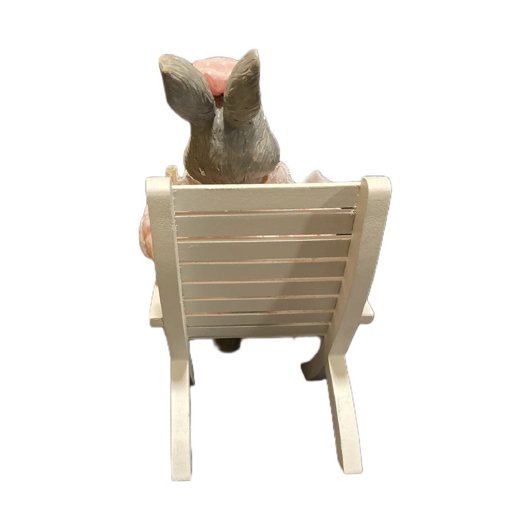 Silvestri Bunny Figurine Seated On Wooden Chair Rabbit Pink Dress Fan On Hand