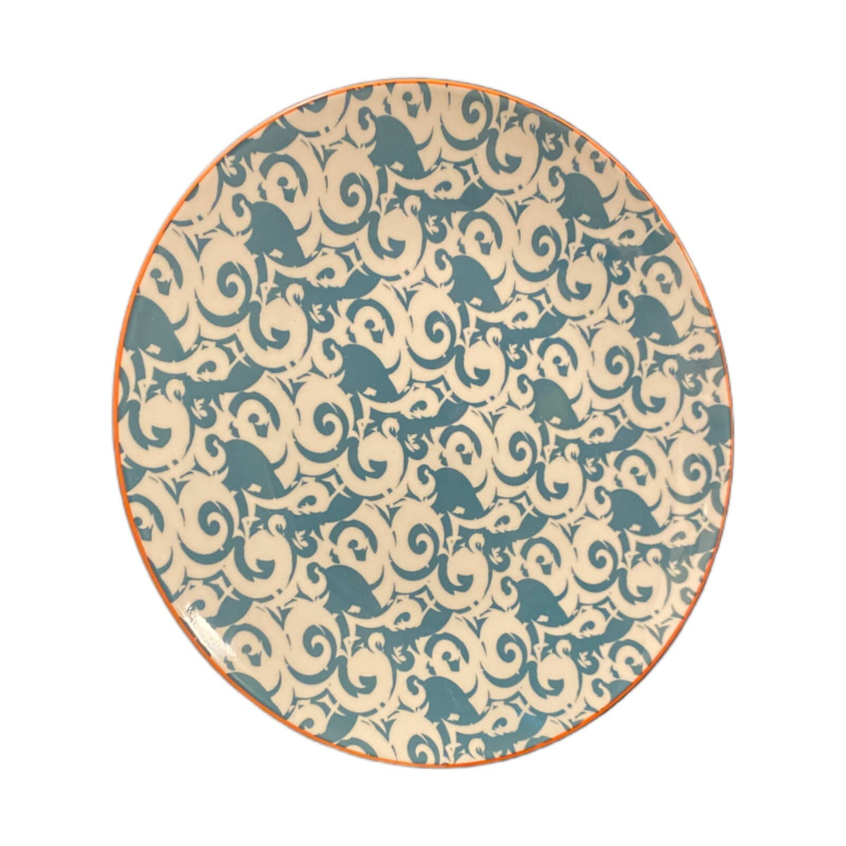 Better Homes & Gardens PIERS TEAL Ceramic Dinner Plates Scrolls Orange Trim
