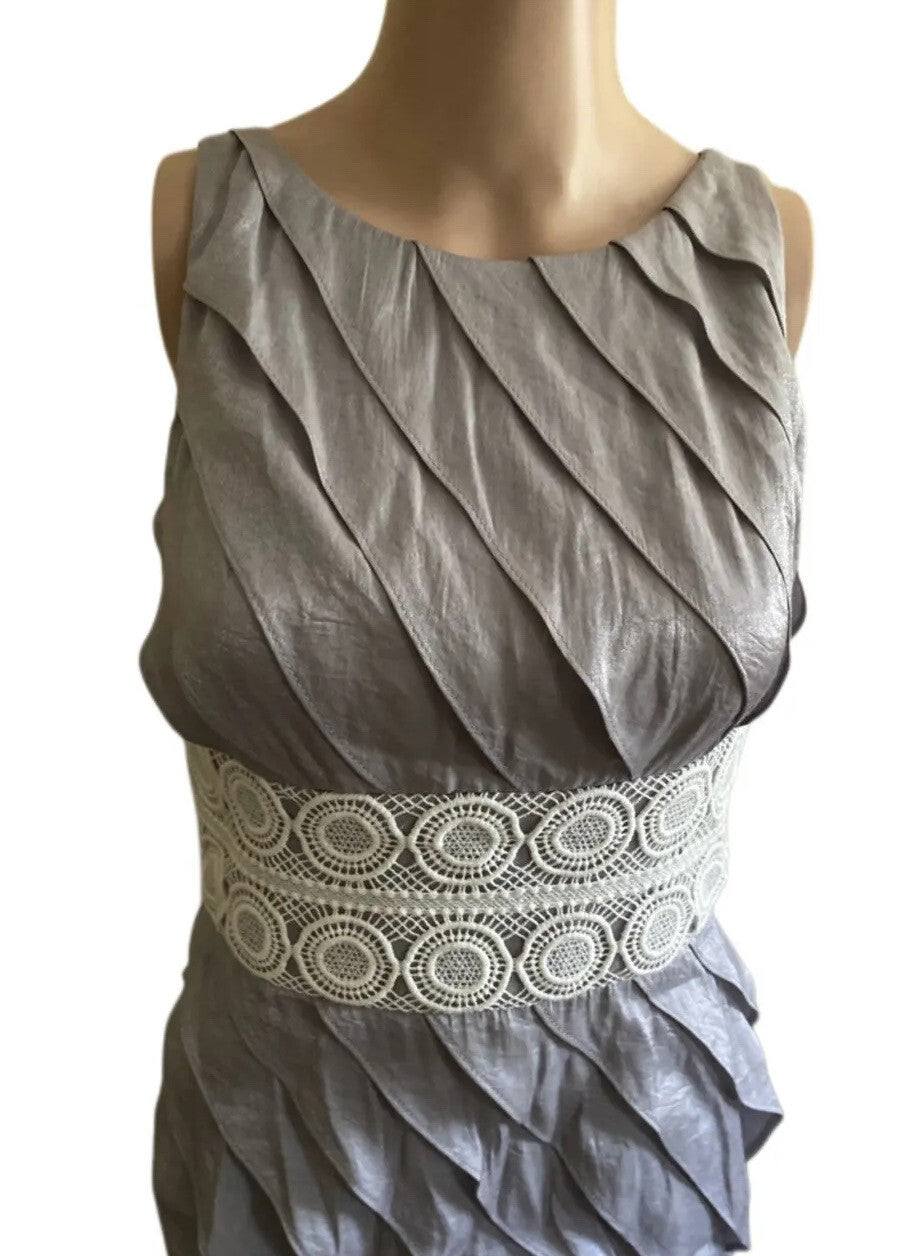 London Times Ruffle Sheath Dress Layered Sleeveless Silver Gray Side Zipper Sz 2