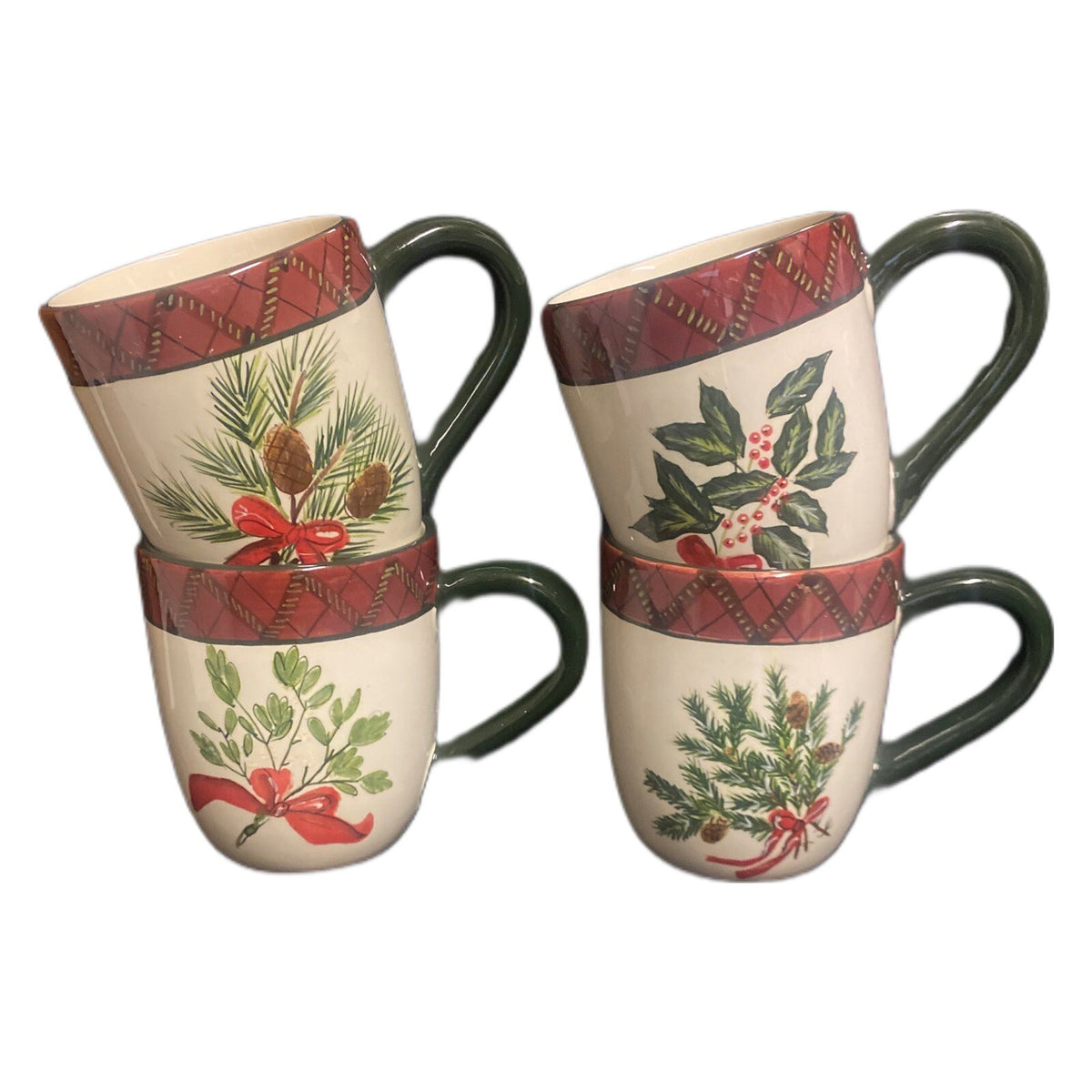Sakura Holiday Greens 4-Mugs Red Green Plaid Border Coffee Tea  Stoneware Cup