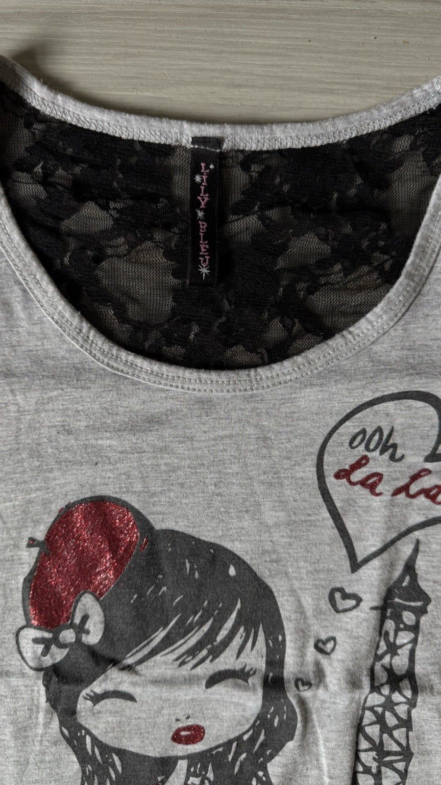 Lily Blue Ooh La La French Girls T-Shirt Lace Embellished Glitter Eiffel Tower L