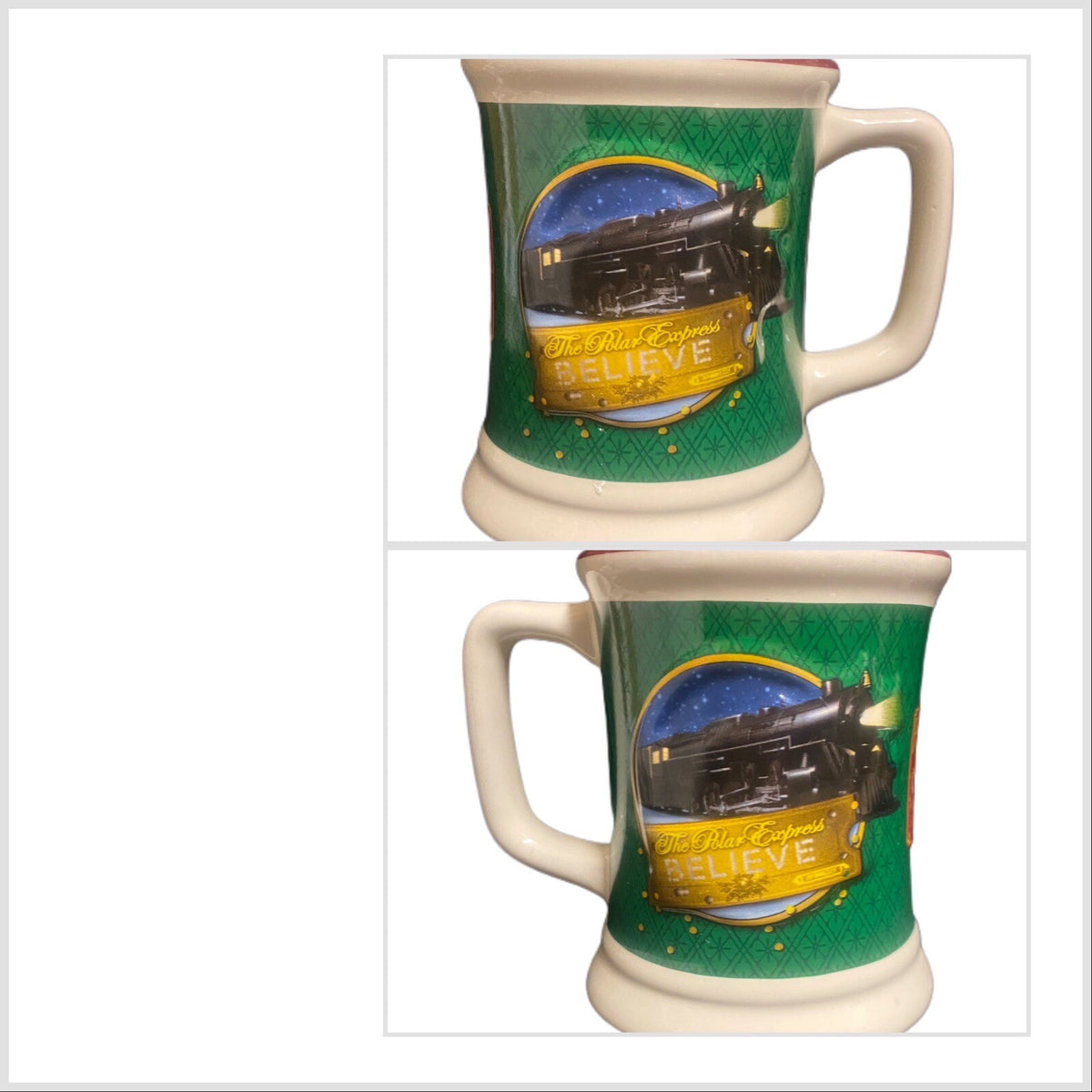 The Polar Express Green BELIEVE 3D Raised Ceramic Coffee Chocolate Cup Train