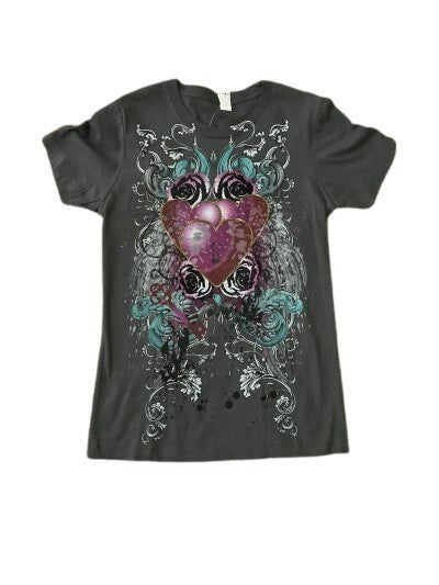 Next Level T-Shirt ABSTRACT Hearts & Flowers Graphic Neck Gray Tee MD Cotton Top