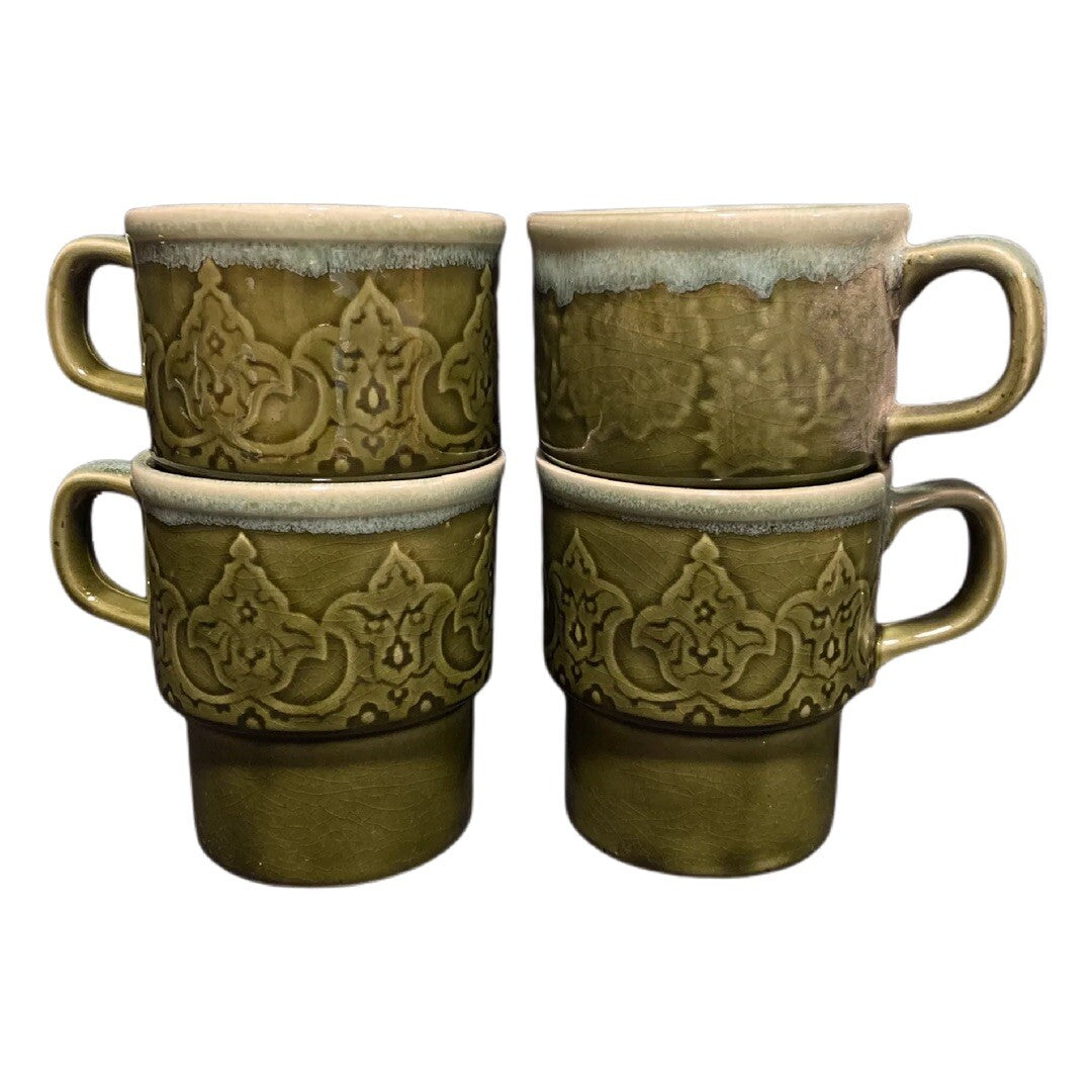 Vintage Japan Green Drip Glaze Stackable Coffee Mugs Set of 4 Geometric