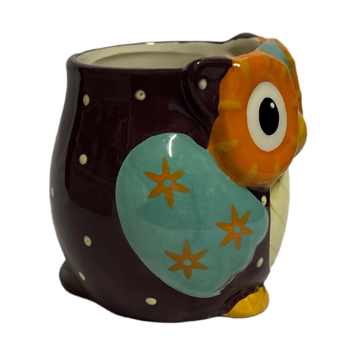 Rustic Barn Owl Mug Ceramic Coffee Tea Cup Orange Handle Black White Dots