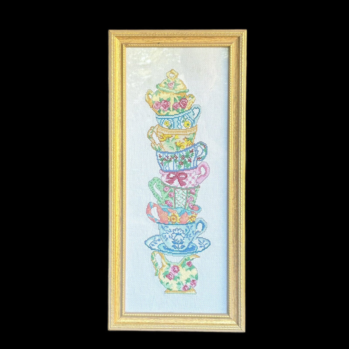 Framed Needlework Stacked Colorful Tea Cups Wall Hanger Cross Stitch