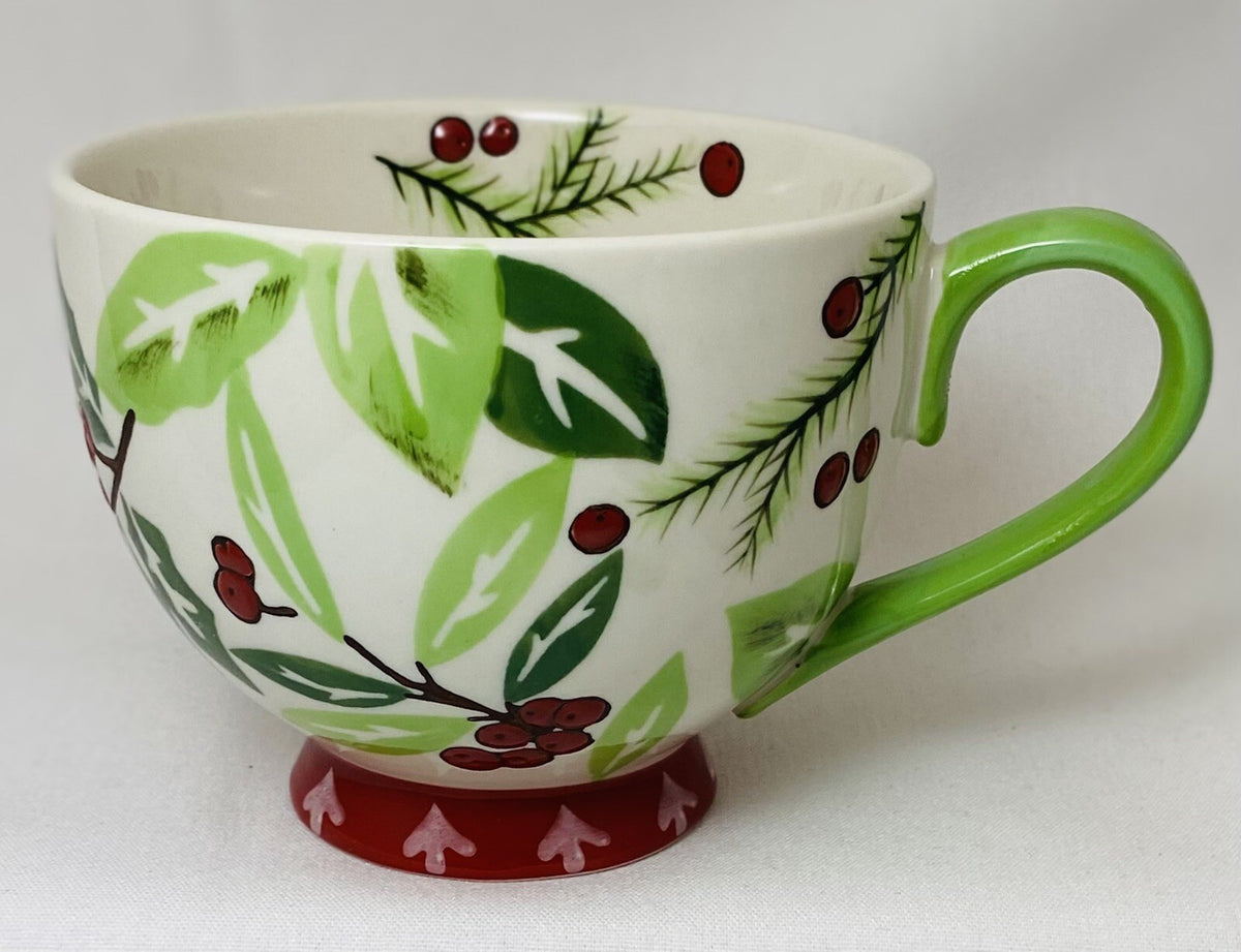 Dutch Wax Footed Mug Coastline Imports White Cup Hand Painted Holly Berries 12oz