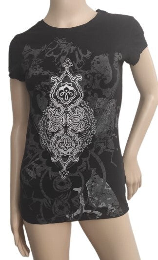 Eco Yoga Prints T-shirt Women Black Silver Top SM. Sustainable Organic Clothing