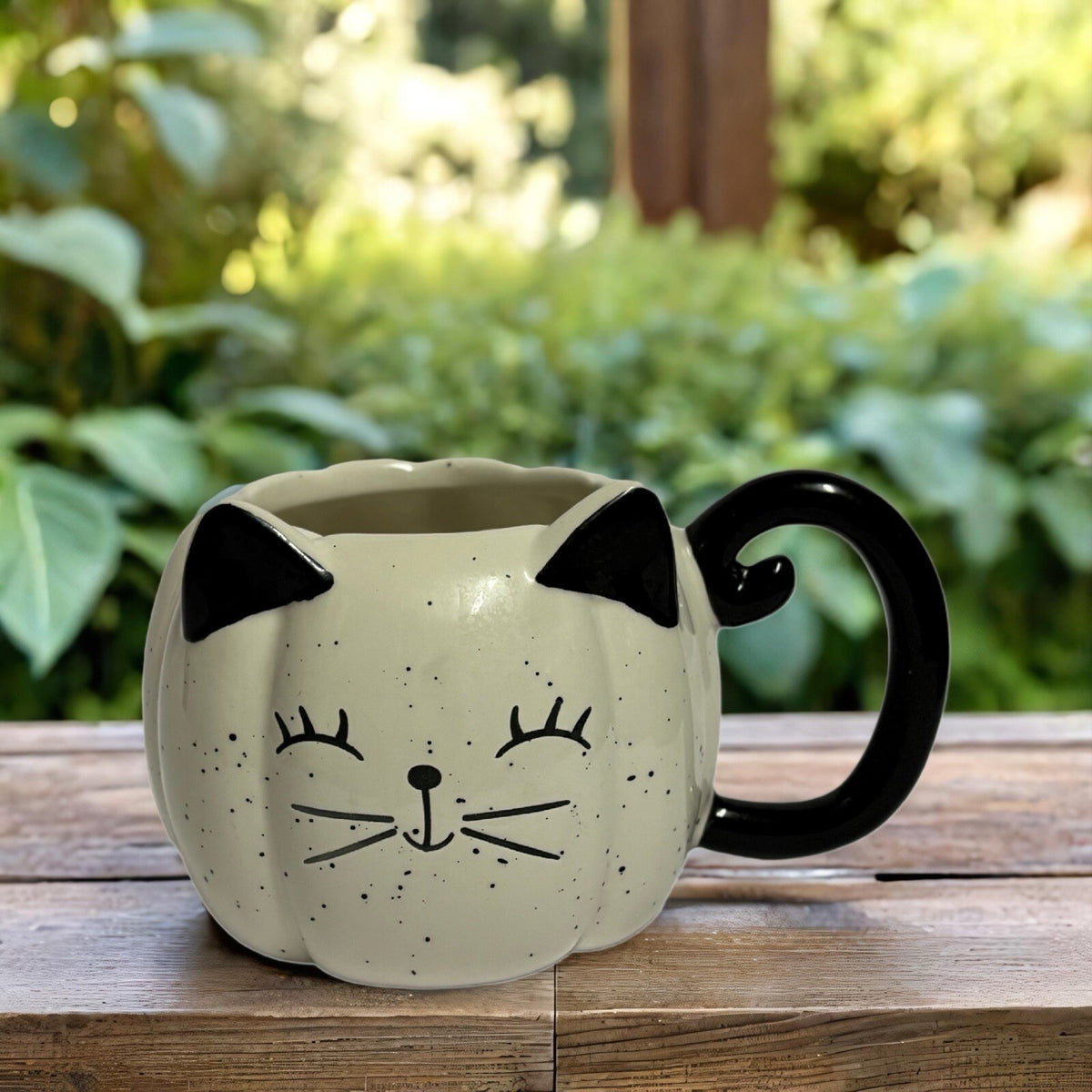 ECCOLO Mug Black & White Speckled Pumpkin Cat Coffee Tea 3D Face & Tail Handle