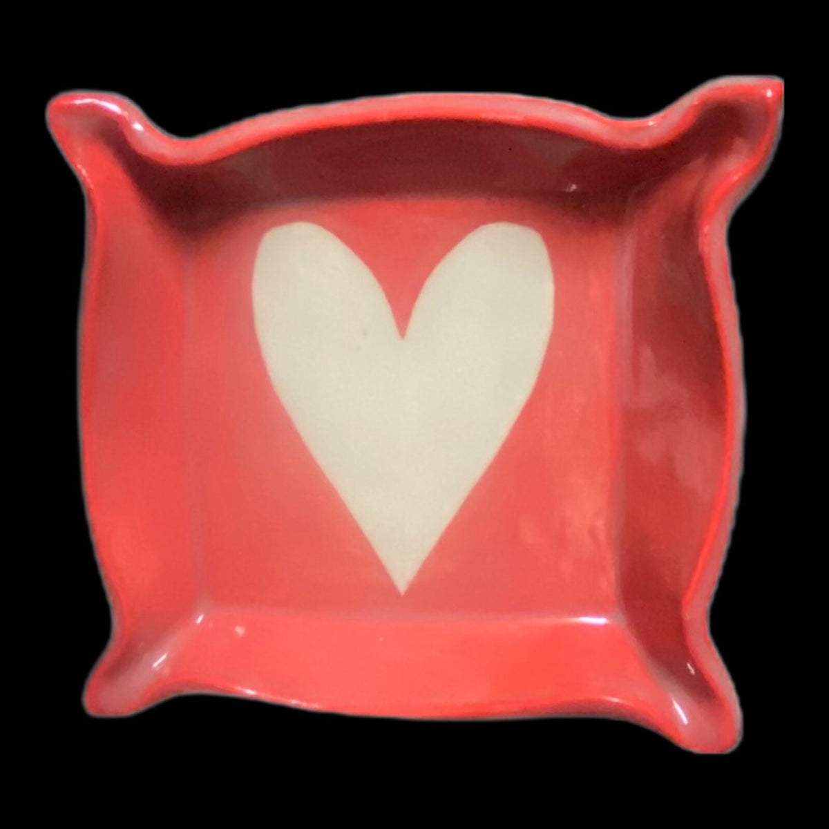 2-Trinket Red Dish White Heart Valentines Square Art Pottery Rings Tray Signed