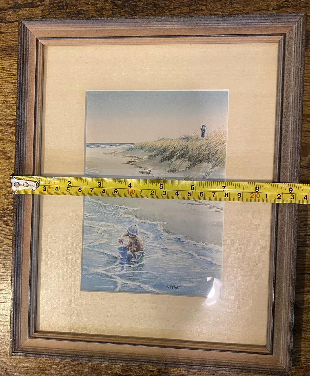 Nancy Ricker Rhett Signed Watercolor Print Child at Beach 11 x 9.5 Inches Framed