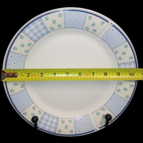 Gibson Designs HOME VALLEY 4-Dinner Plates 10 ½” D Lilac Squares Flowers On Rim