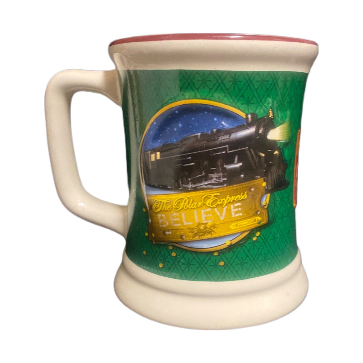 The Polar Express Green BELIEVE 3D Raised Ceramic Coffee Chocolate Cup Train